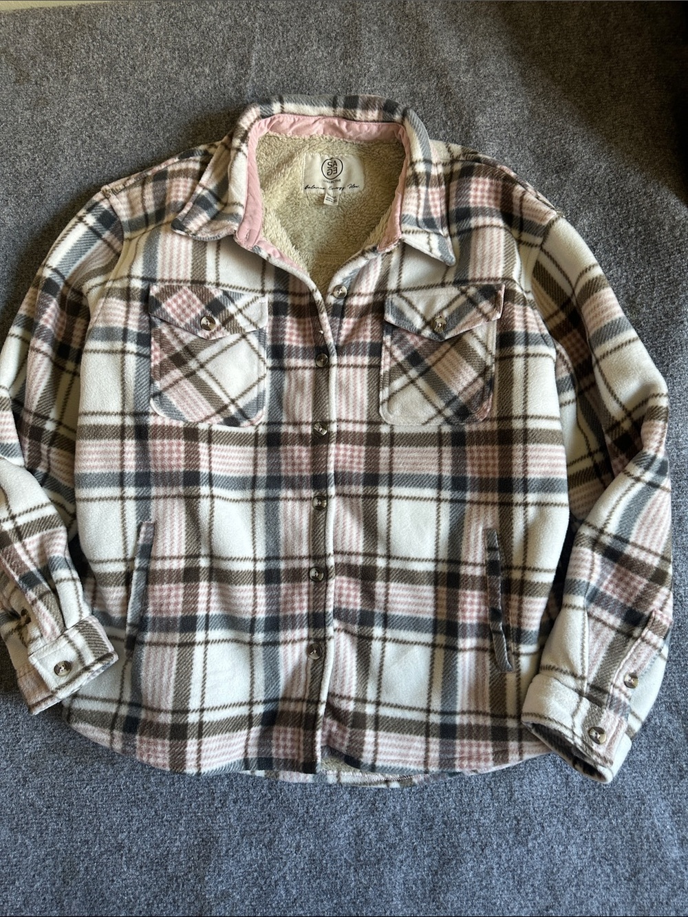 Sage Collective Cozy Plaid Sherpa-Lined shacket- Pink/White size XL